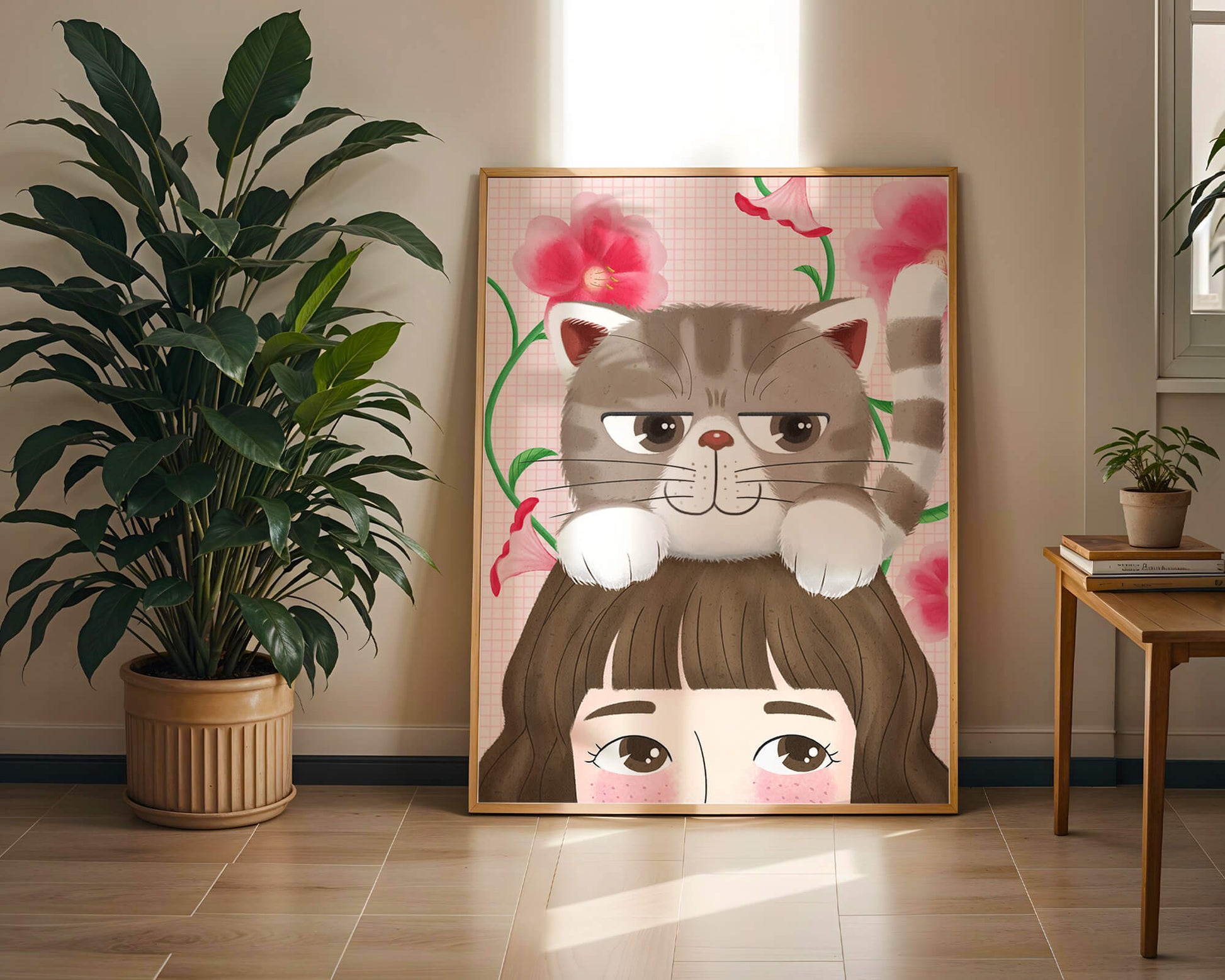 Illustration of a cat sitting on a person's head with pink flowers