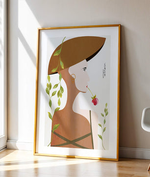 Elegant Abstract Portrait of a Woman with Floral Elements and a Large Hat - Mi tienda