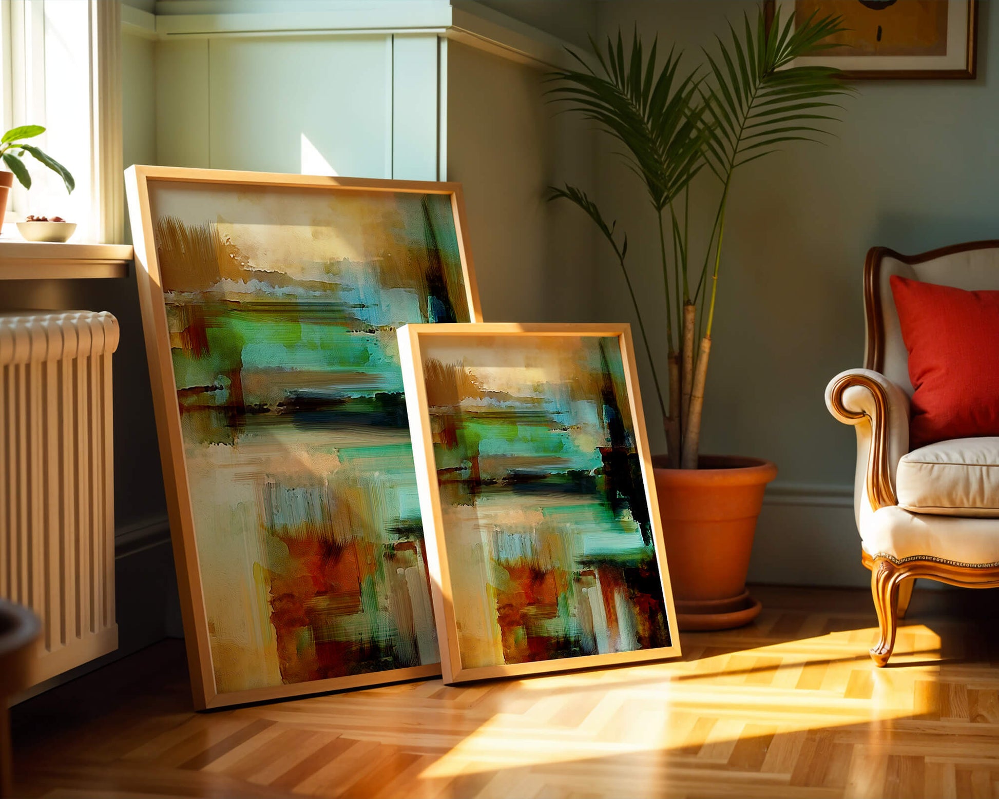 Abstract Expressionist Colorful Landscape with Earthy and Aqua Tones