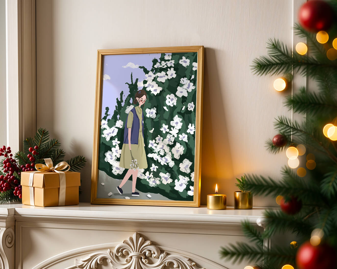 Woman walking by a lush white flower bush on a sunny day