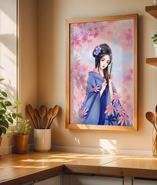 Ilustración elegante de una geisha con kimono azul y hojas rosadas