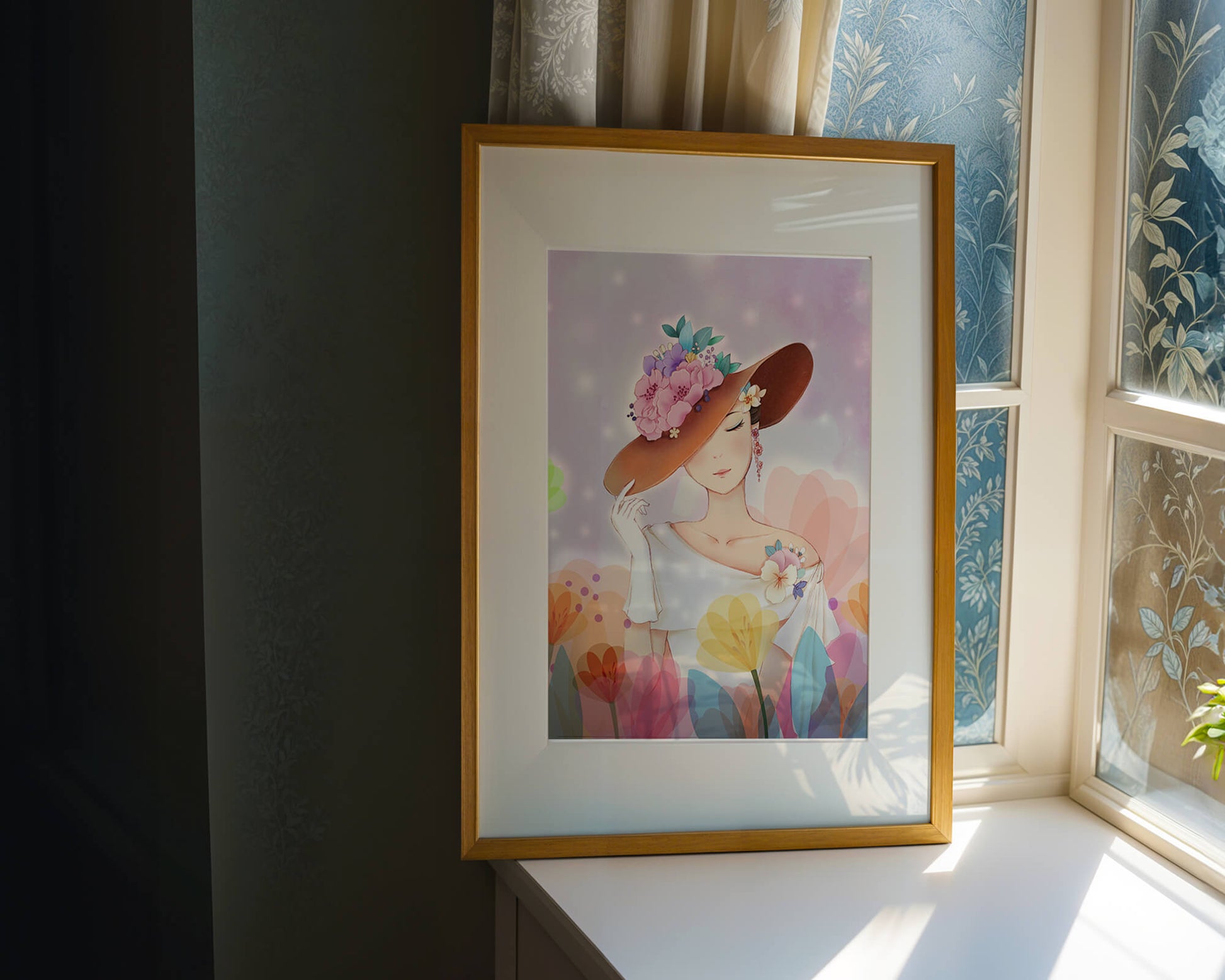Mujer elegante con sombrero floral entre flores de colores