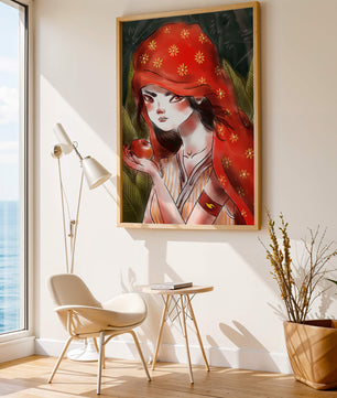 Illustration d'une fille en capuchon rouge tenant une pomme dans une forêt