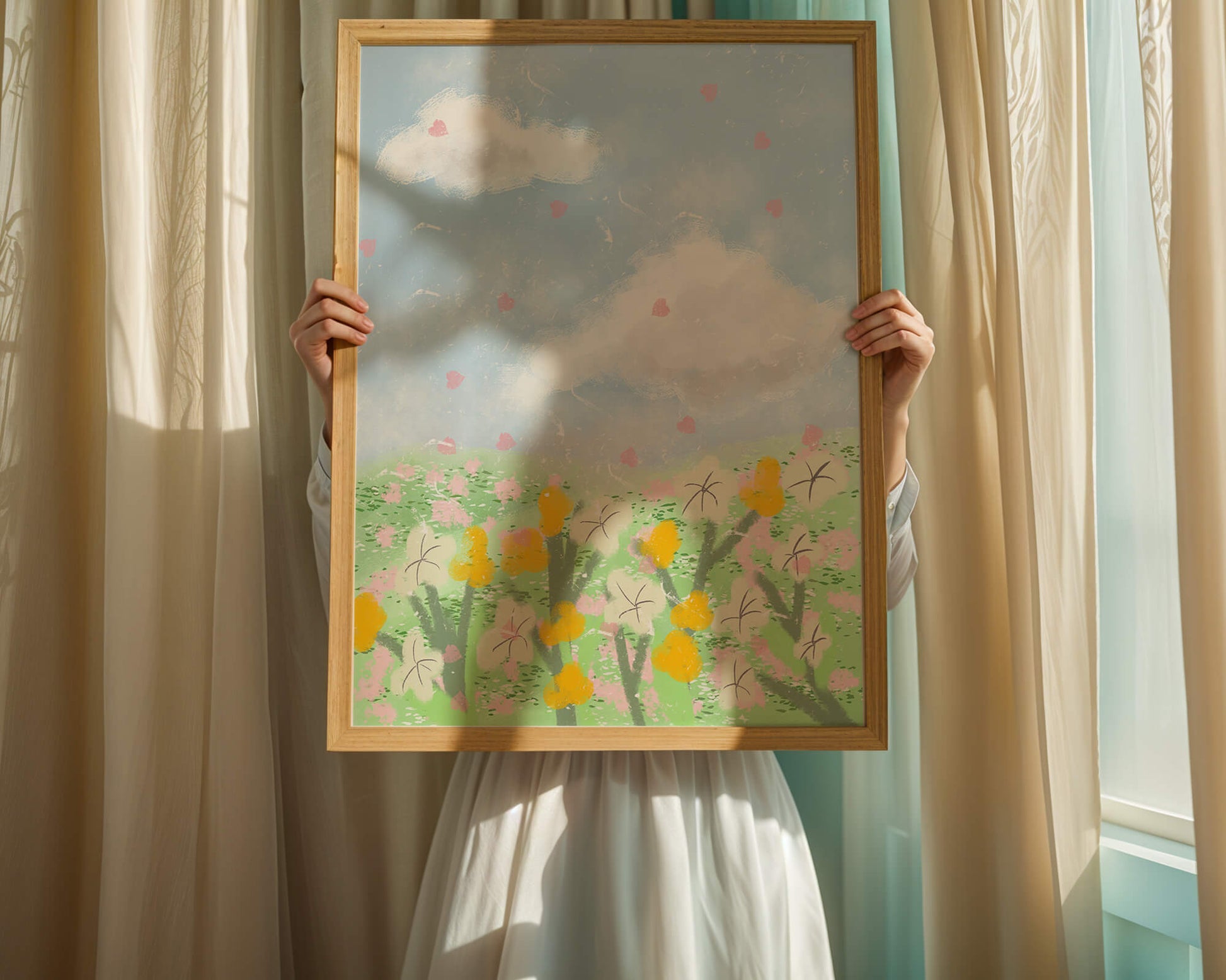 Paysage printanier avec nuages et fleurs