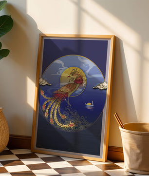 Phénix doré aux plumes éclatantes dans un décor marin mystique