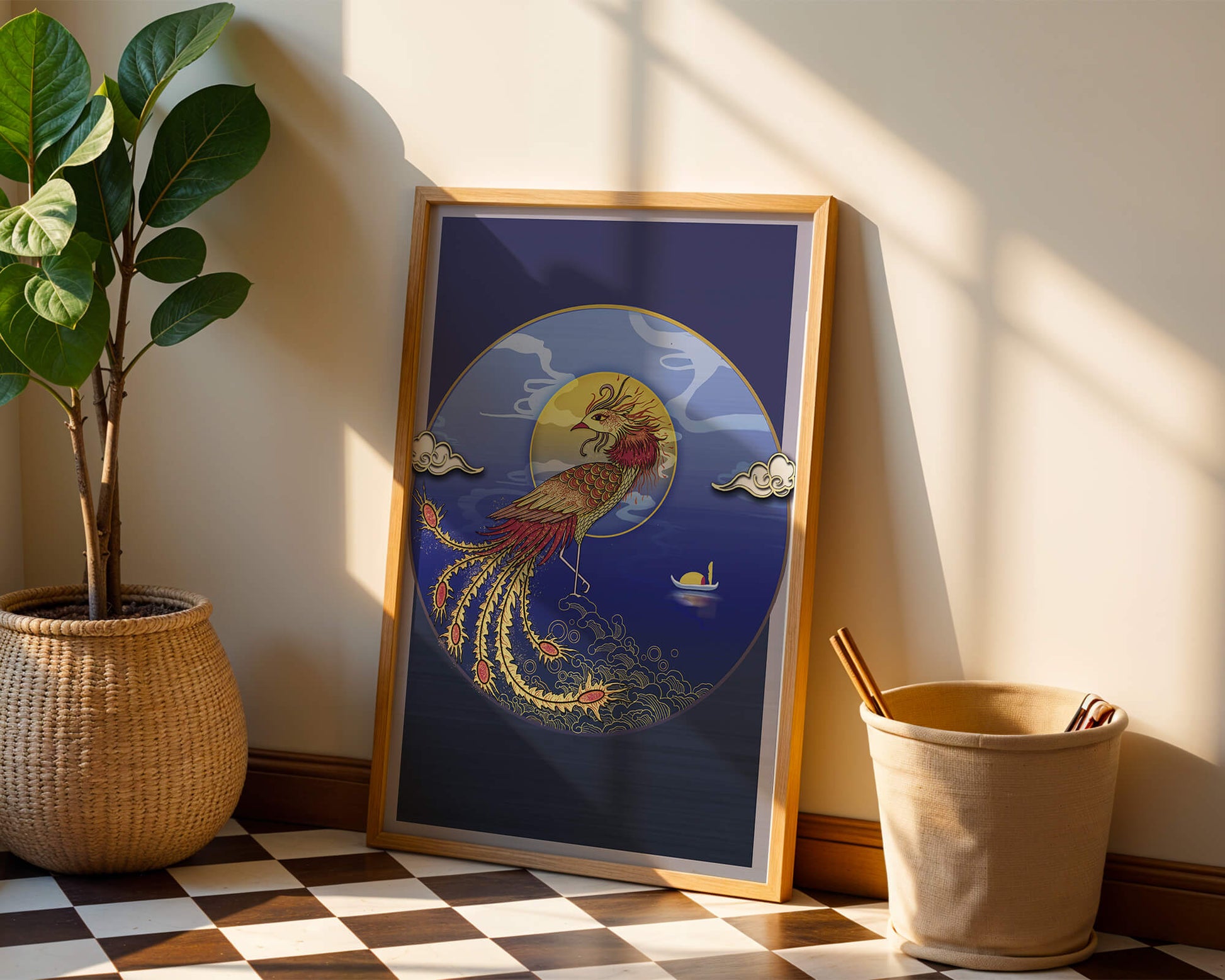 Golden Phoenix with Vibrant Feathers in Mystical Sea Setting