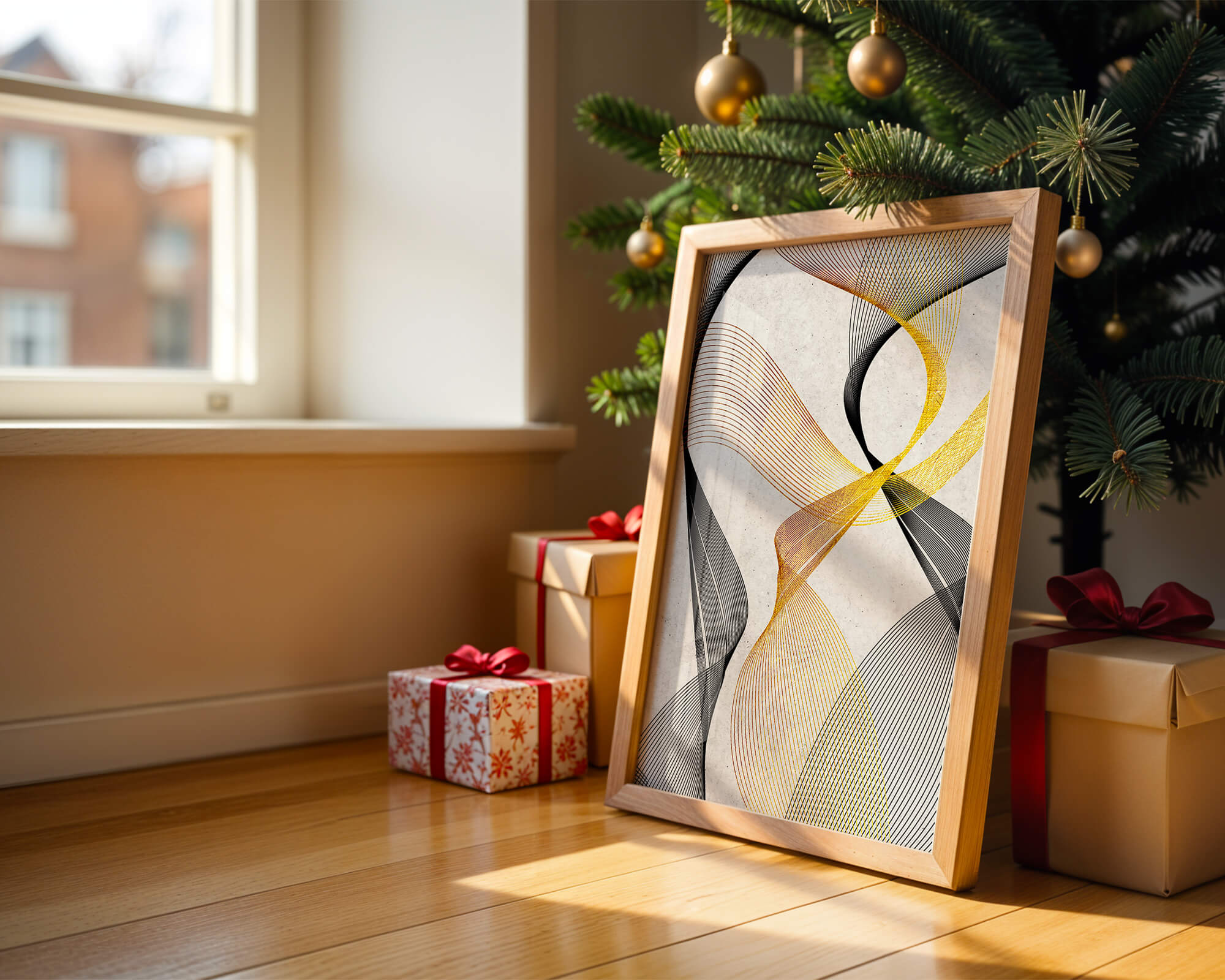 Elegant abstract waves with gold and black lines on textured background