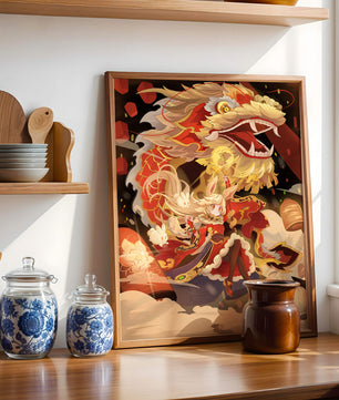 Personnage dynamique avec dragon et lanternes dans une œuvre d'art animée et vibrante