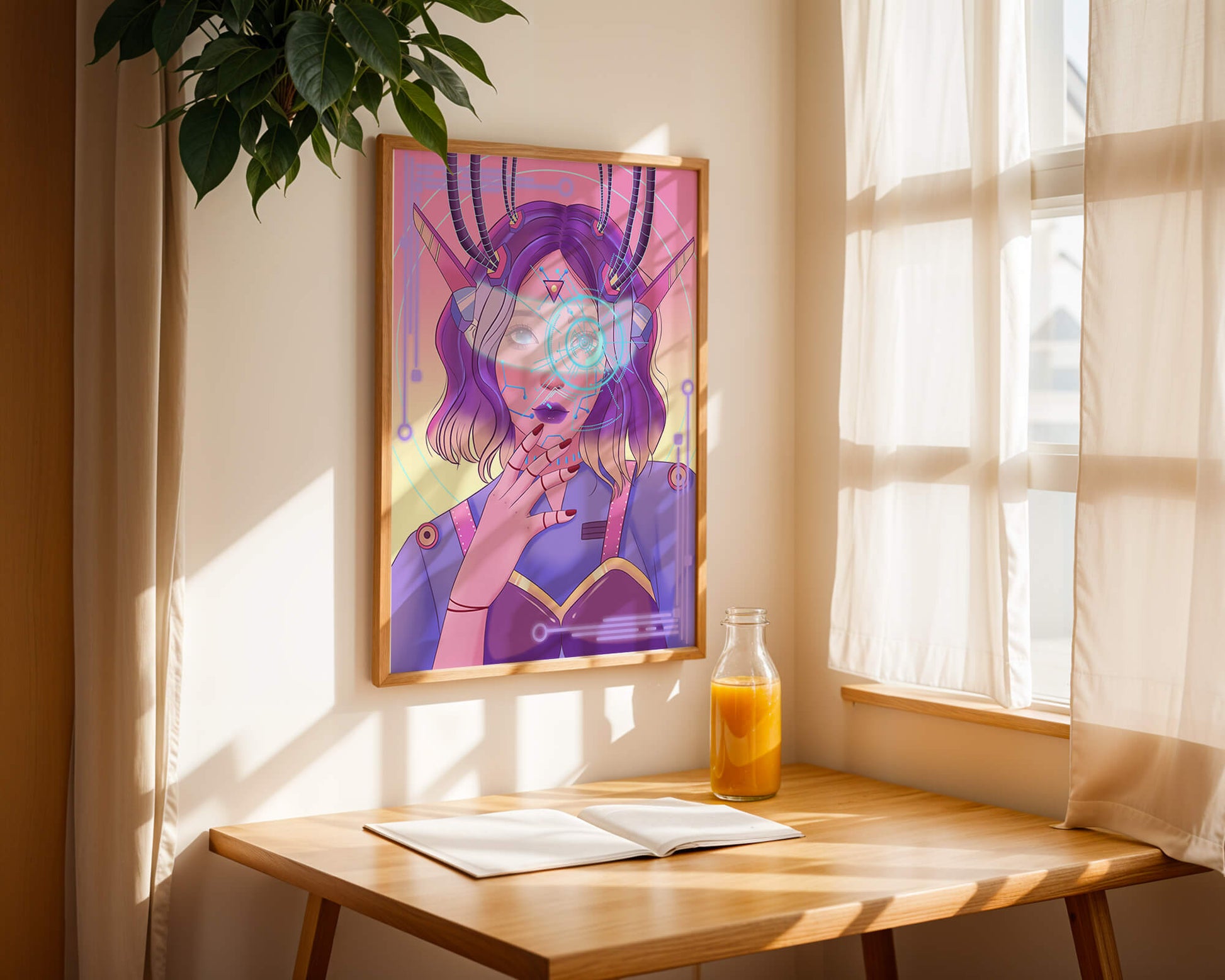 Futuristic digital art featuring a cybernetic woman with a holographic interface