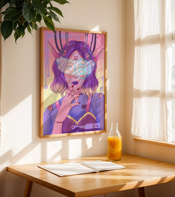 Futuristic digital art featuring a cybernetic woman with a holographic interface