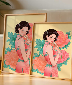 Elegant woman in traditional dress with floral background