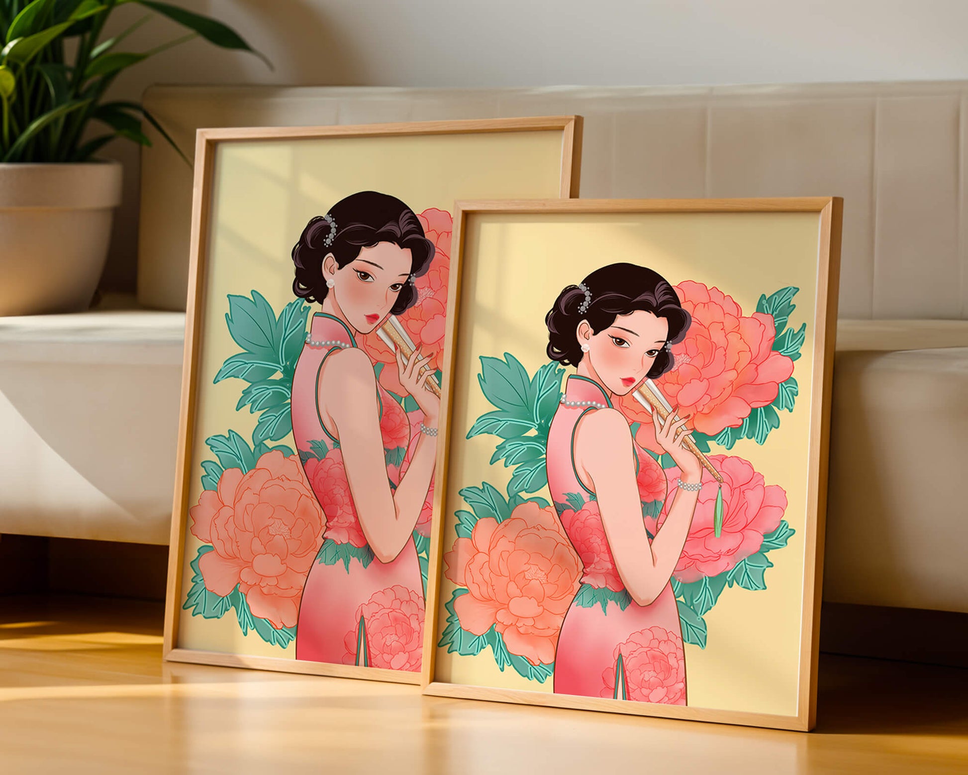 Elegant woman in traditional dress with floral background