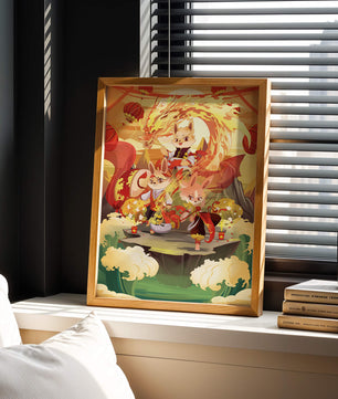 Fantastical scene with anthropomorphic animals and a dragon in a vibrant setting