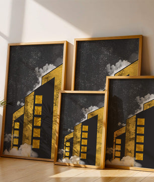Ilustración arquitectónica artística con elementos dorados y cielo nocturno