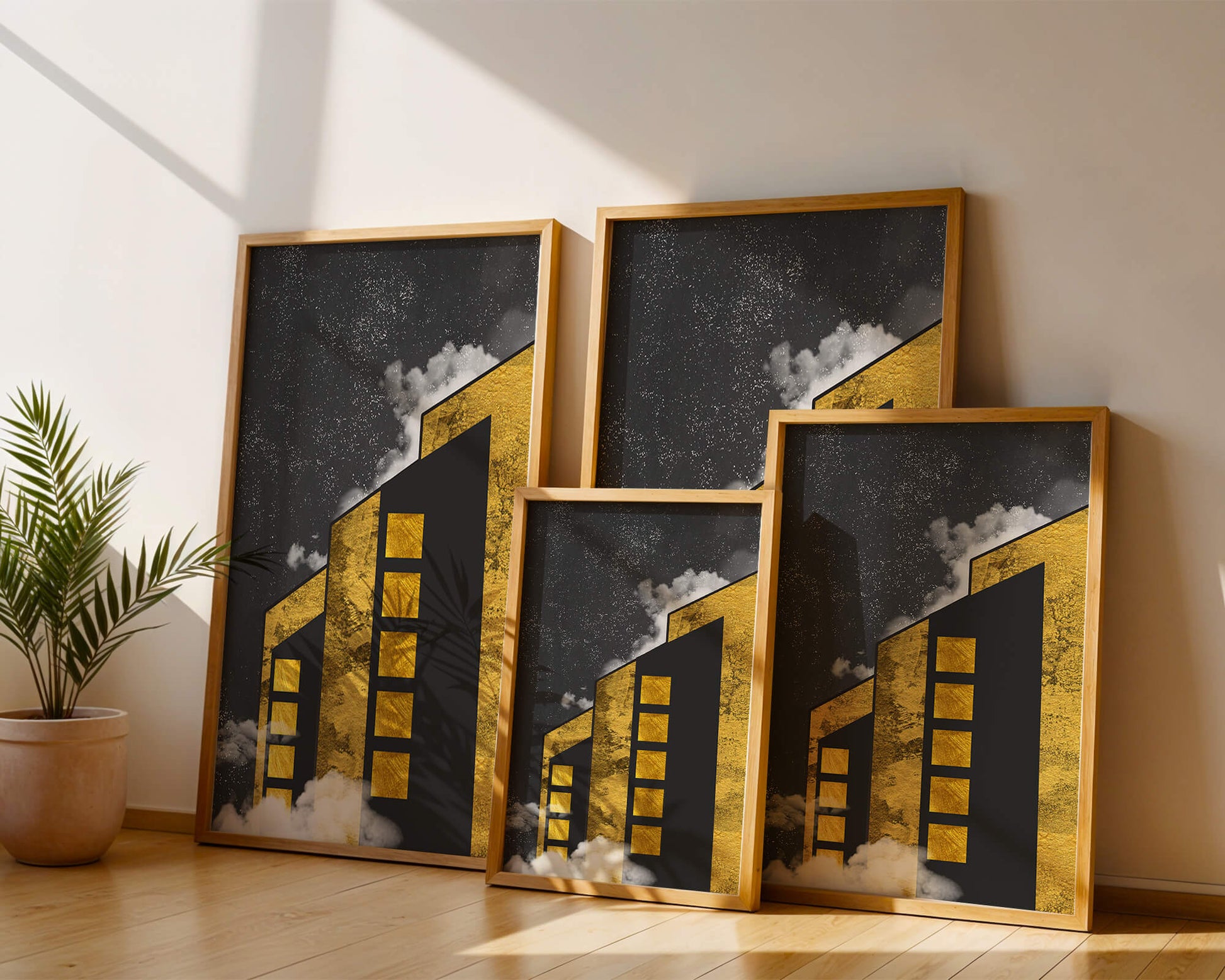 Artistic architectural illustration with golden elements and night sky