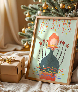 Whimsical Abstract Art of a Woman with Flowers and Streamers - Mi tienda
