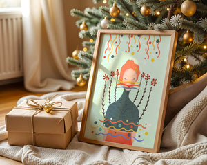 Whimsical Abstract Art of a Woman with Flowers and Streamers - Mi tienda