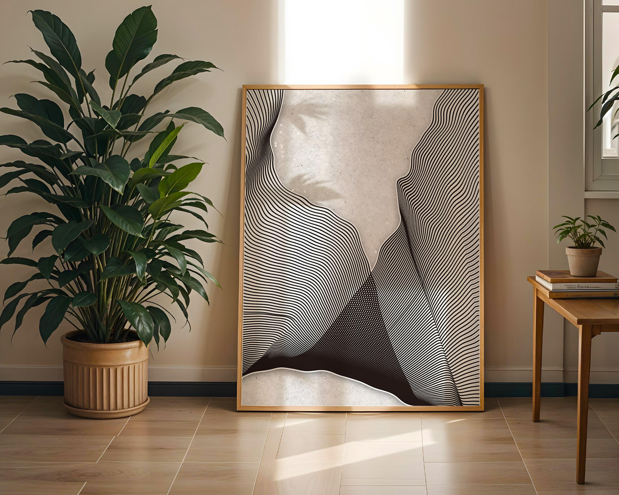 Abstract black and white wave pattern on textured background