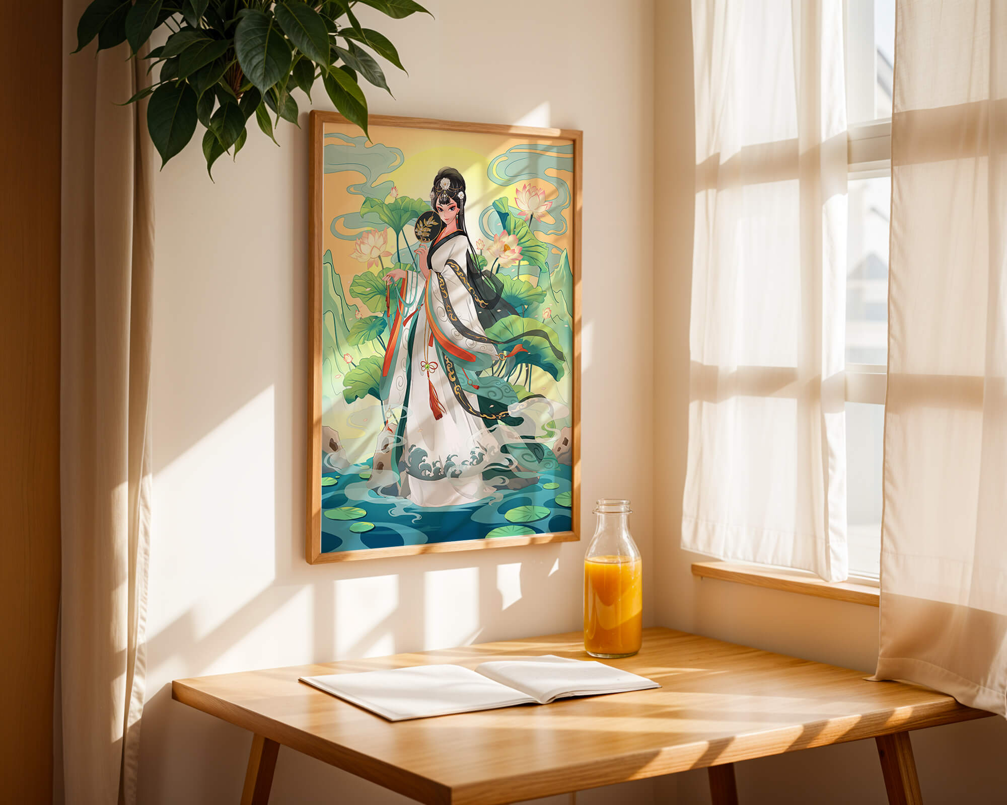 Elegant woman in traditional attire with lotus flowers and serene backdrop