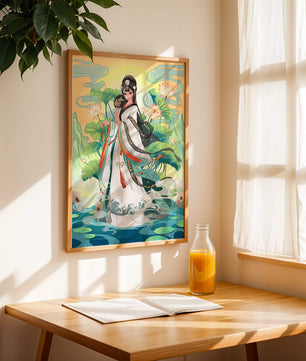 Femme élégante en tenue traditionnelle avec des fleurs de lotus et un décor serein