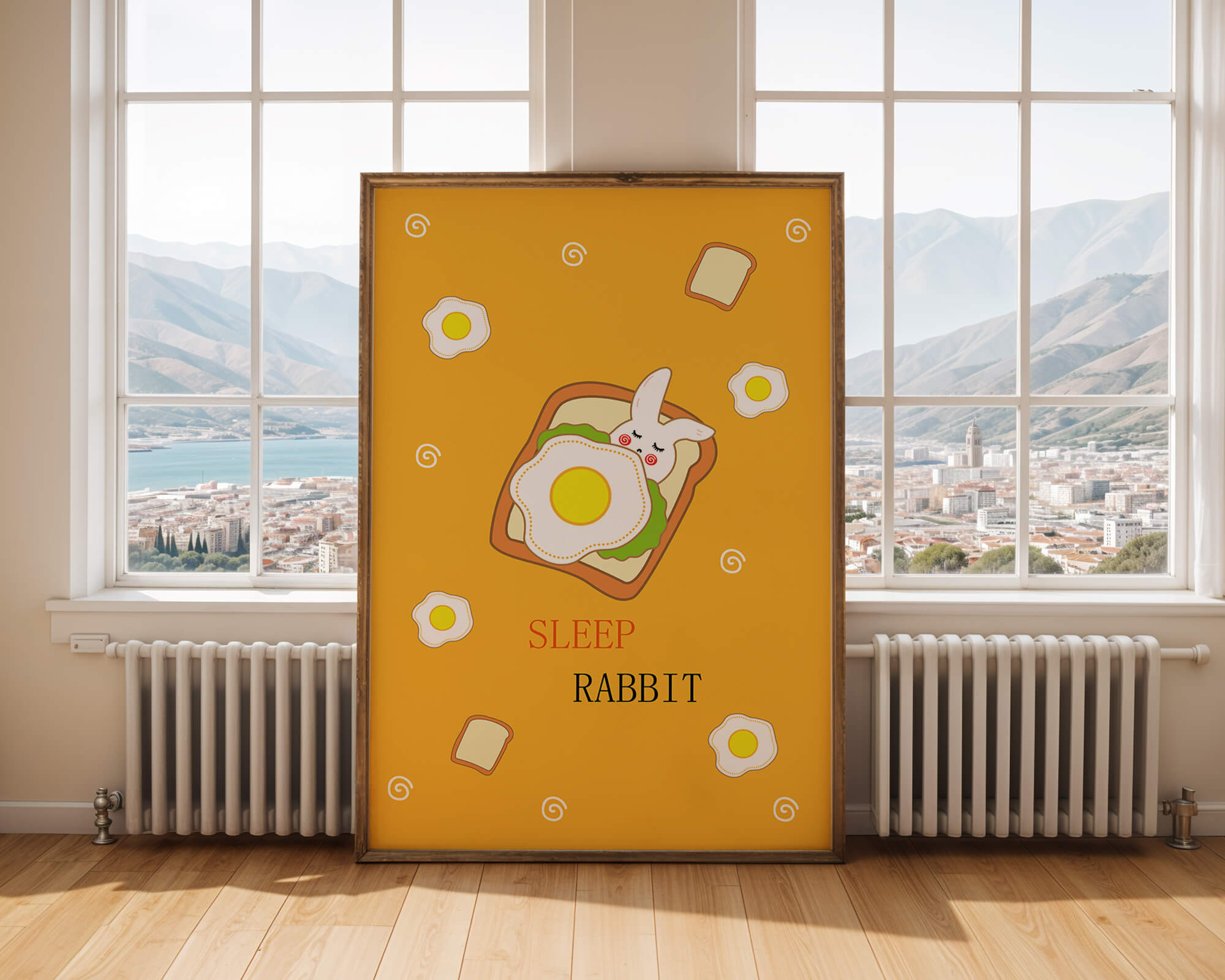 cute rabbit sleeping on toast with fried egg design