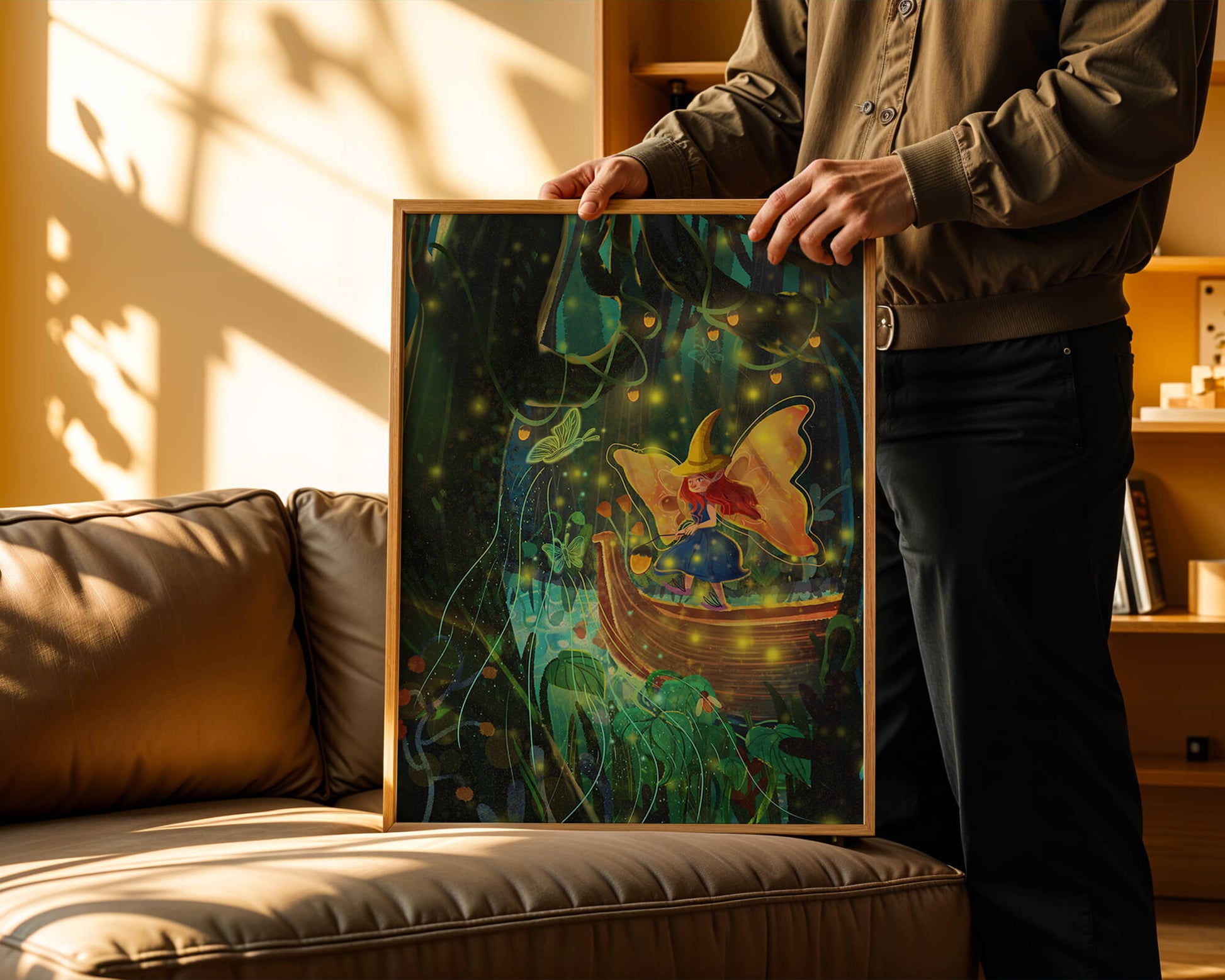 Fairy in an enchanted forest with glowing butterflies and lanterns