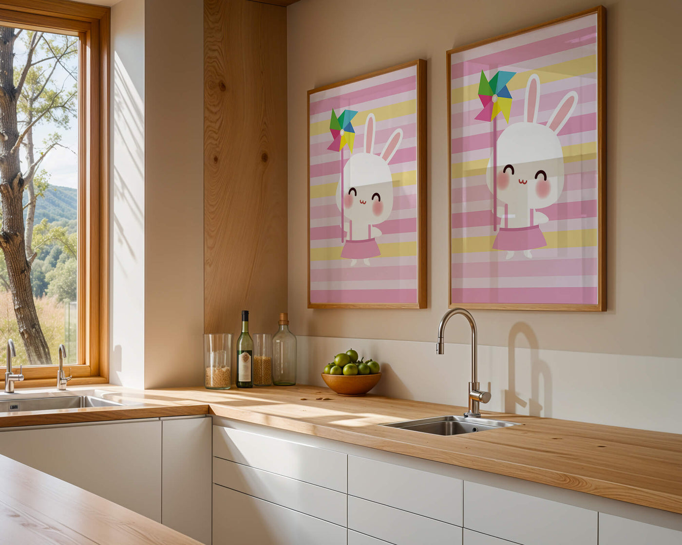 Adorable bunny with pinwheel on pastel striped backdrop