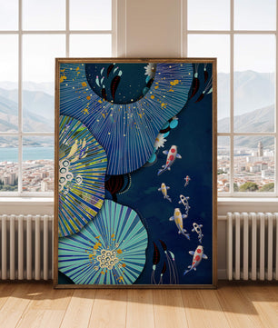 Scène sous-marine vibrante avec des carpes koï et un motif floral abstrait