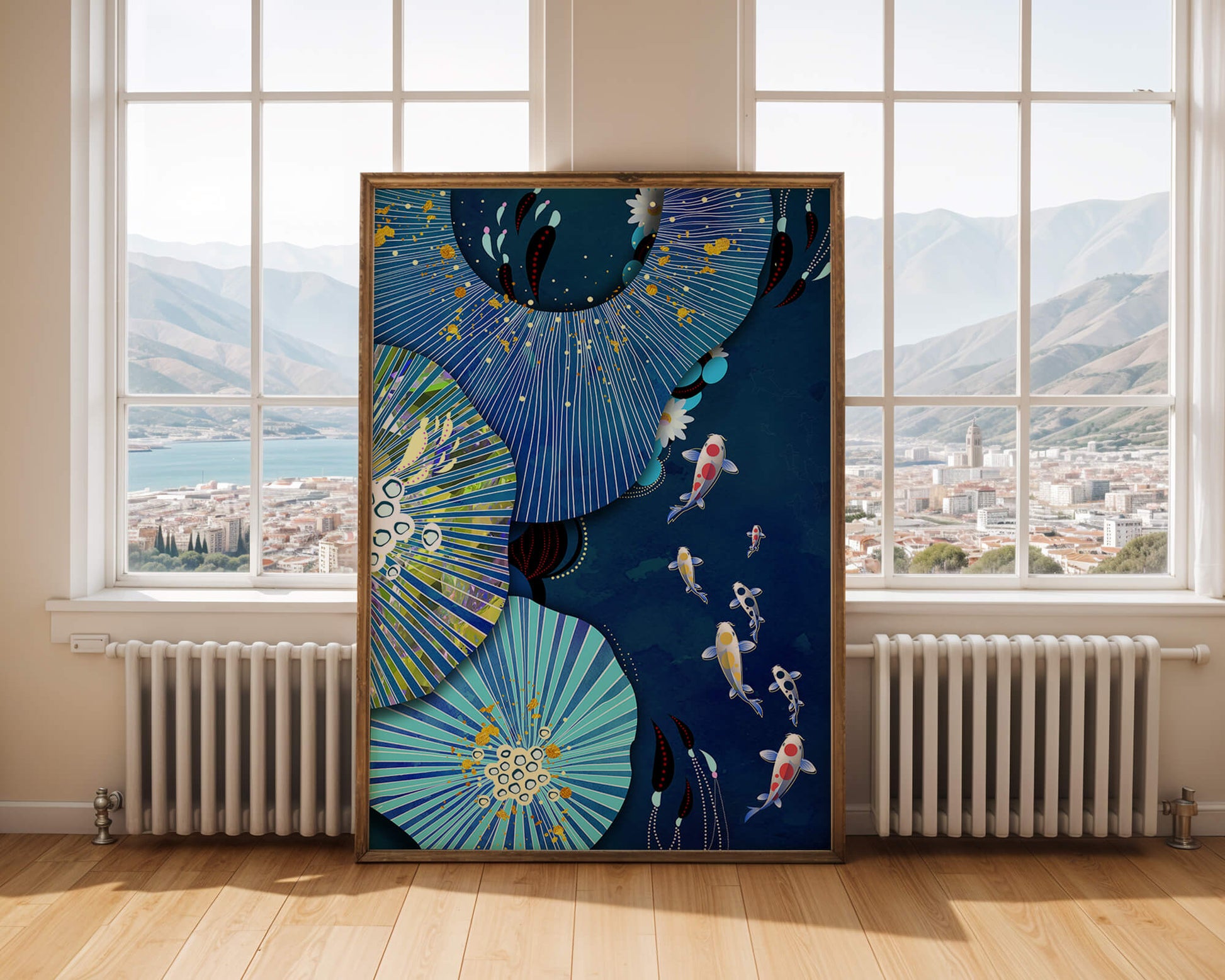 Vibrant underwater scene with koi fish and abstract floral design