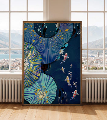Vibrant underwater scene with koi fish and abstract floral design