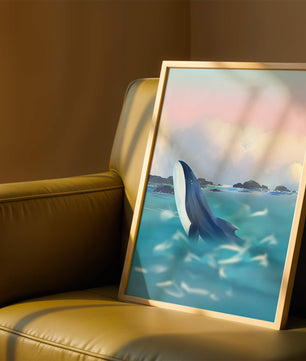 Ruhige Meeresszene mit einem majestätischen Wal, der im Morgengrauen aus dem Wasser springt