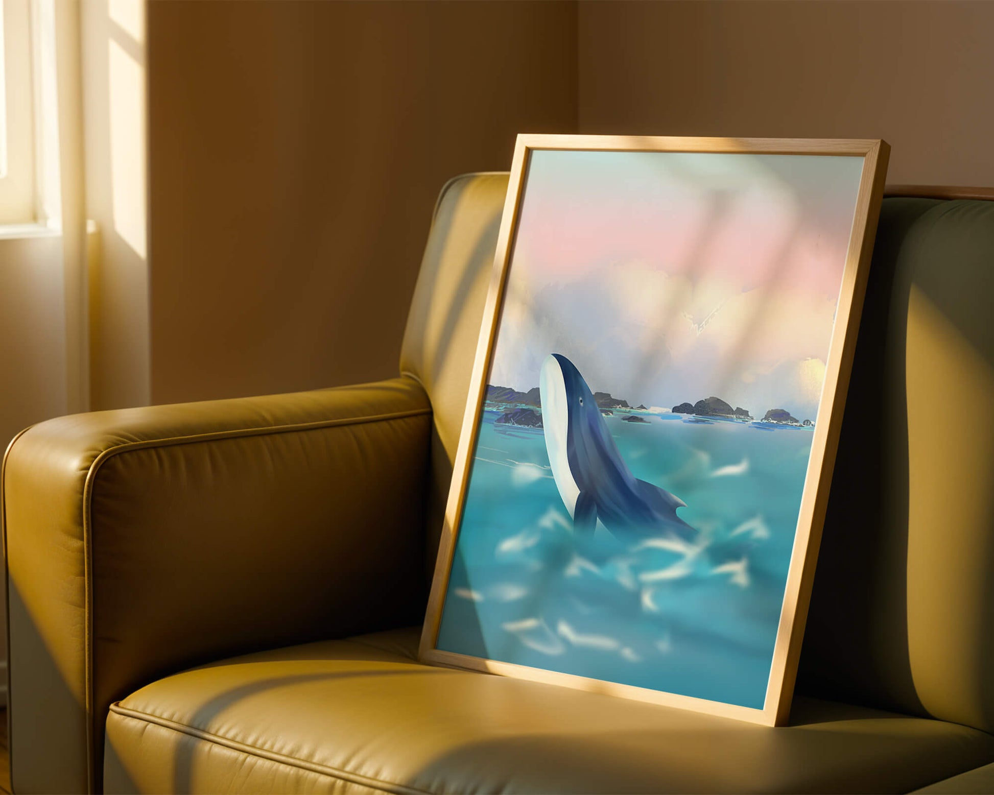 Ruhige Meeresszene mit einem majestätischen Wal, der im Morgengrauen aus dem Wasser springt