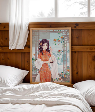 Elegant Woman in Traditional Chinese Dress with Decorative Background - Mi tienda