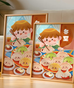 Festive cartoon illustration of a child enjoying dumplings during winter solstice