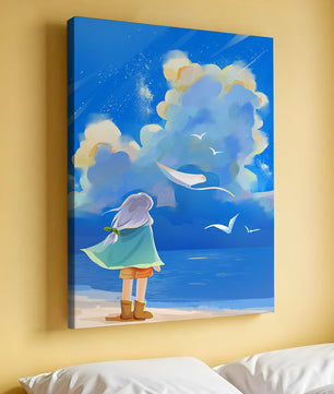 Young person gazing at a vibrant seaside sky with birds flying