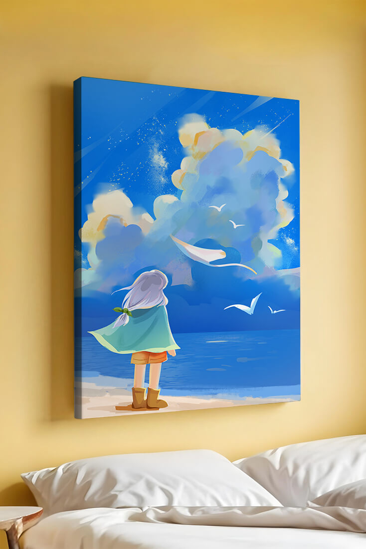 Young person gazing at a vibrant seaside sky with birds flying