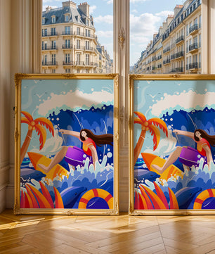 Ilustración de un surfista cabalgando una ola entre delfines y palmeras