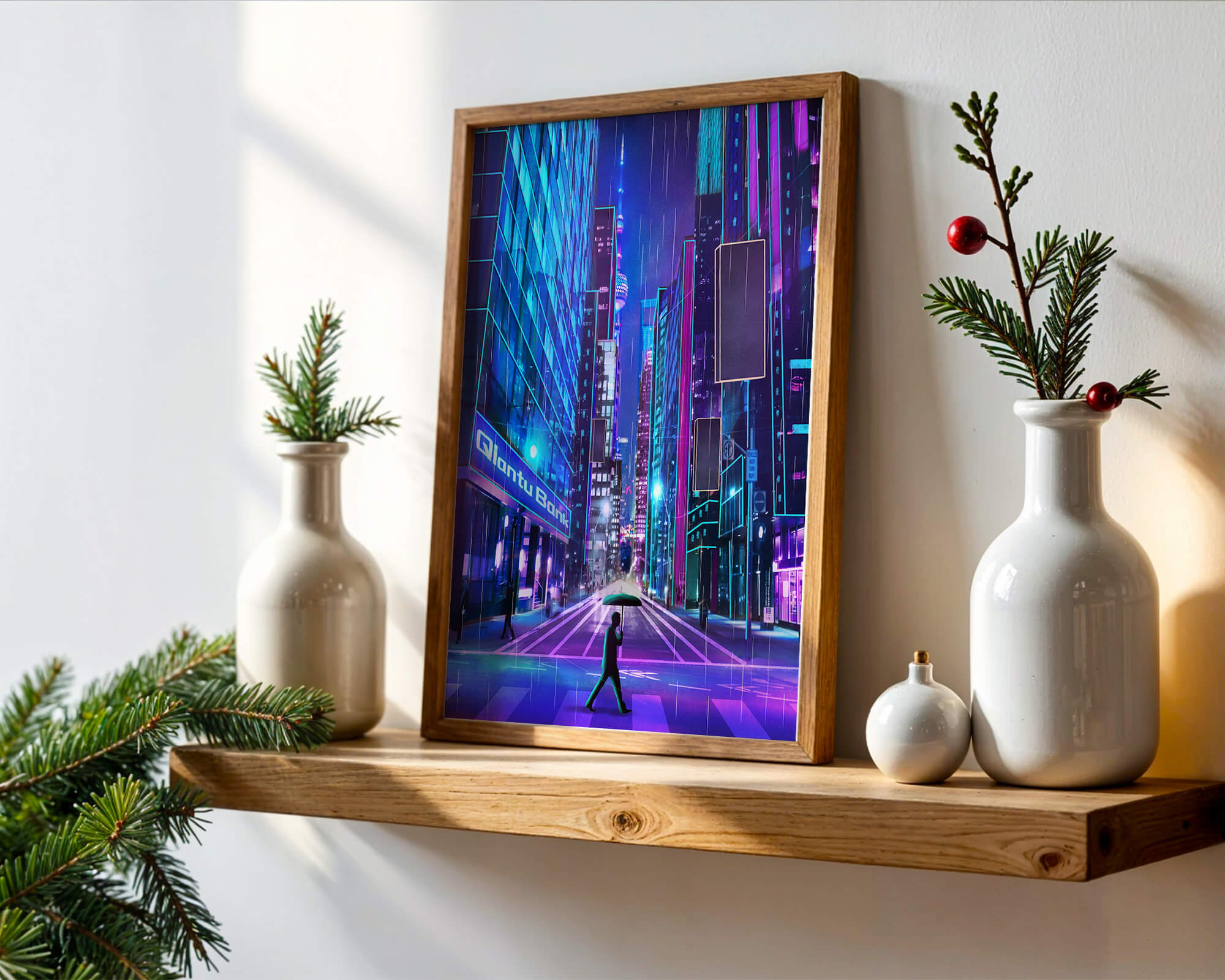 Futuristic urban street scene with neon lights and rainy atmosphere