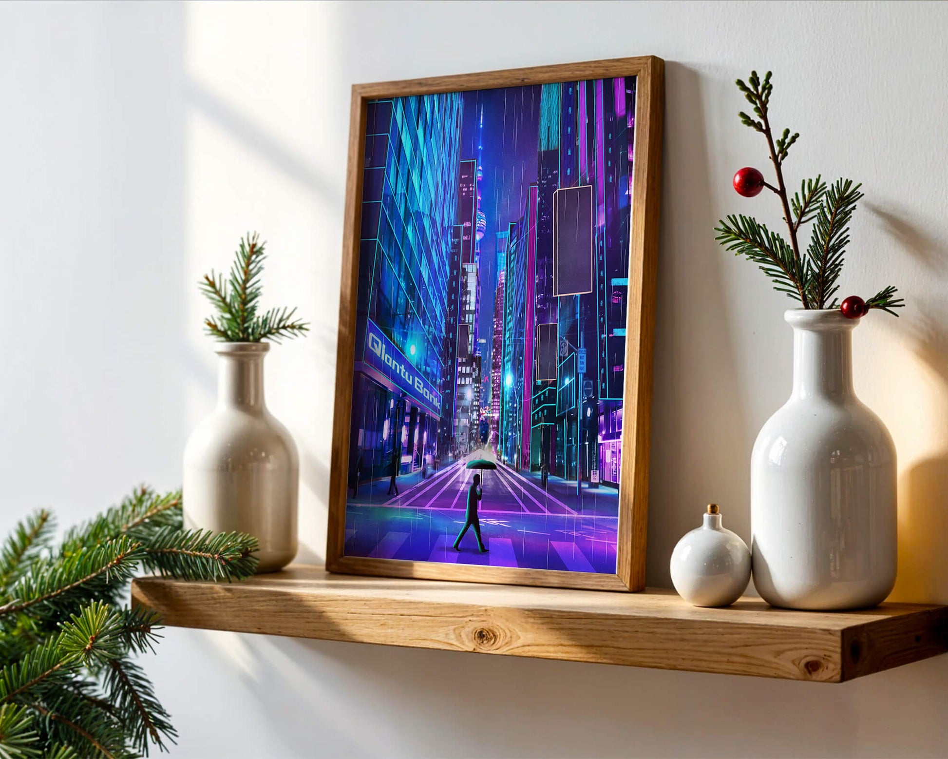 Futuristic urban street scene with neon lights and rainy atmosphere