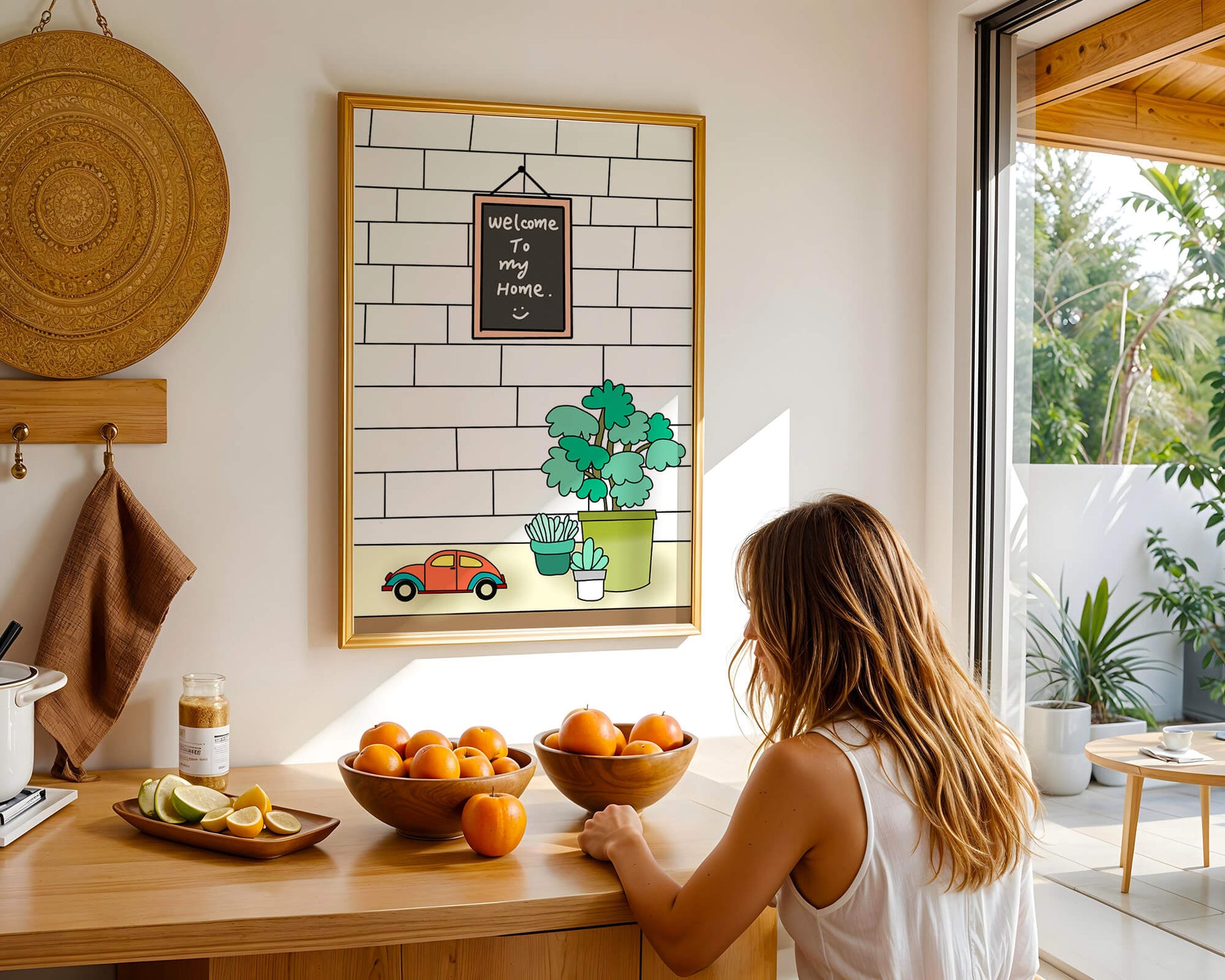 Kreidetafel-Schild mit Topfpflanzen und Spielzeugauto auf Ziegelmauer-Hintergrund