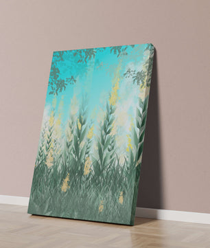 Serene Garden with Tall Green Leaves and Yellow Flowers Under Blue Sky
