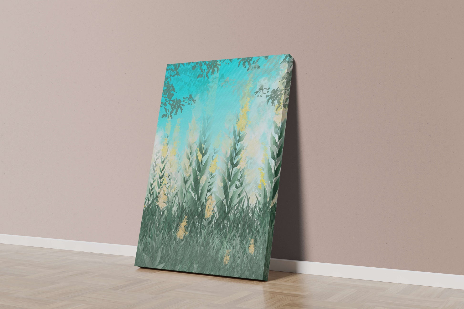 Jardín sereno con hojas verdes altas y flores amarillas bajo el cielo azul