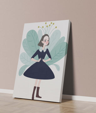 Ilustración de una chica caprichosa con hojas y elementos florales