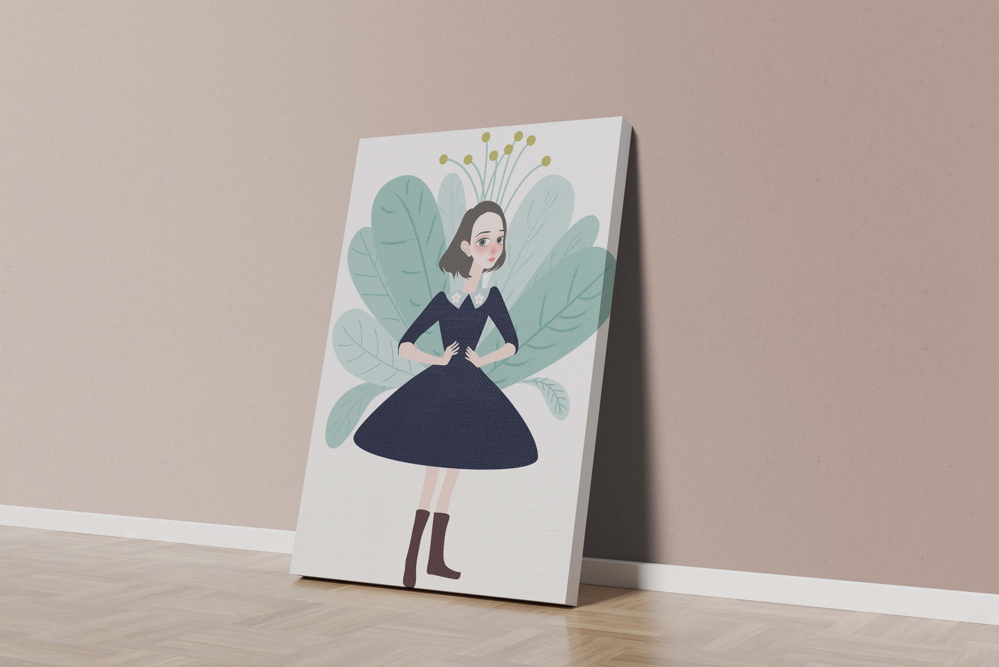Illustration of a whimsical girl with leaves and floral elements