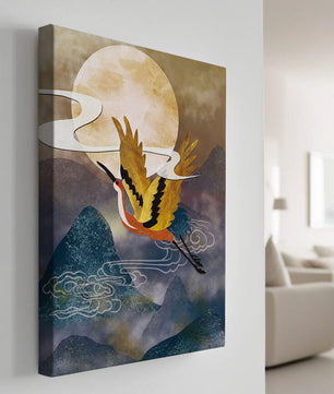 Majestic Gold-Crimson Crane Flying Over Misty Mountains in Moonlight