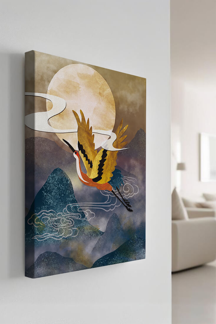 Majestic Gold-Crimson Crane Flying Over Misty Mountains in Moonlight