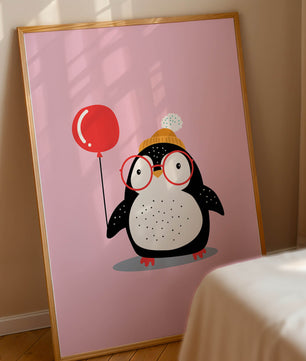Ilustración adorable de un pingüino con globo y gafas