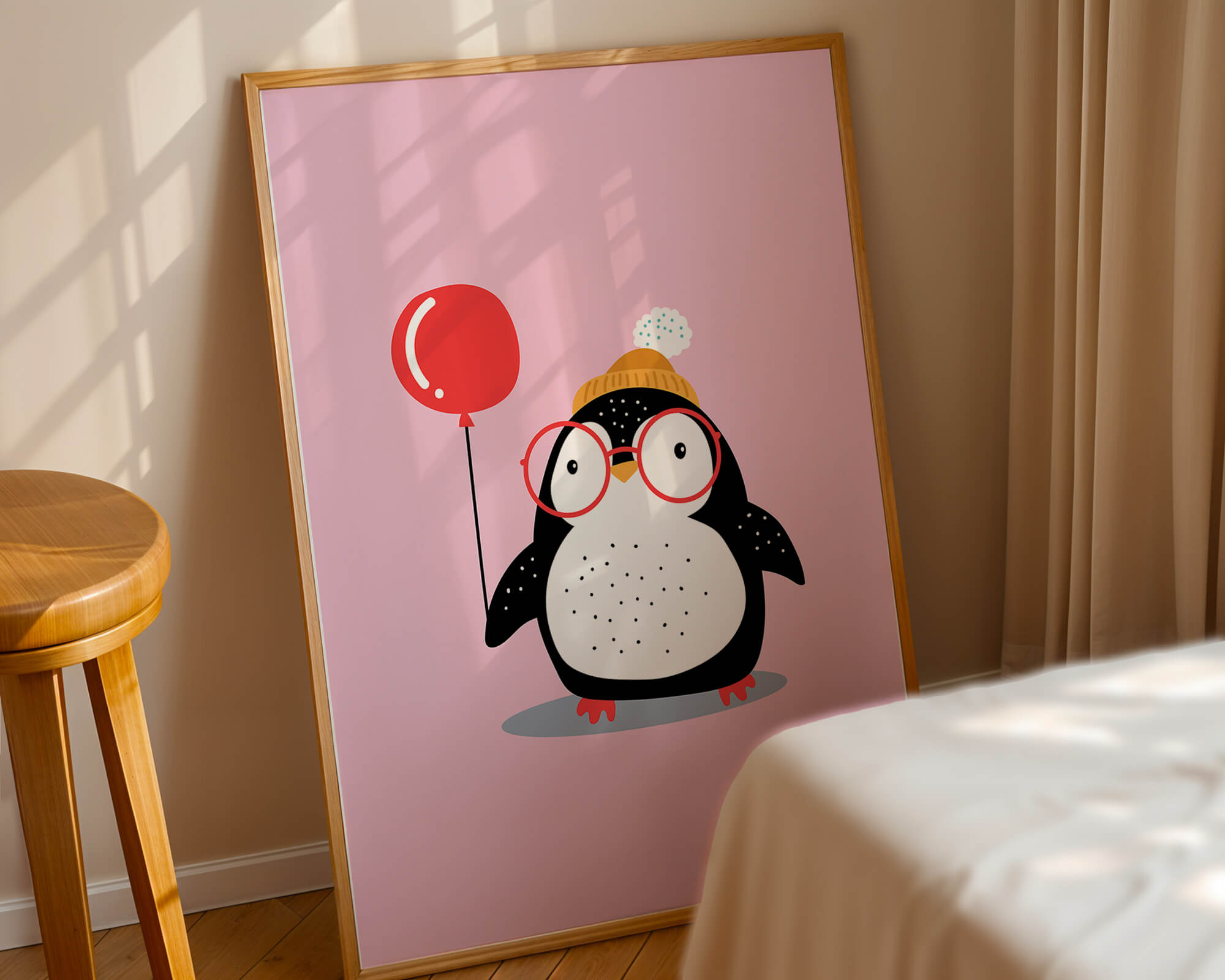 Adorable penguin with balloon and glasses illustration