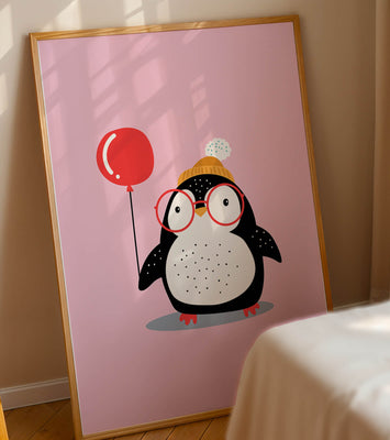 Adorable penguin with balloon and glasses illustration