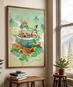 Illustration of a traditional Asian scene with large bowl and serene landscape